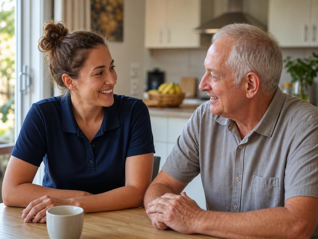 A friendly support worker and an older participant talking together at a kitchen table over a cup of tea.