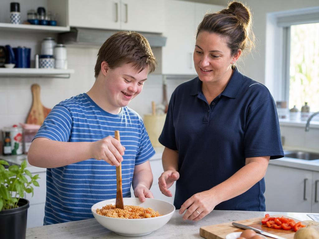 A teenage participant with Down syndrome cooking pasta at home while his support worker guides him.