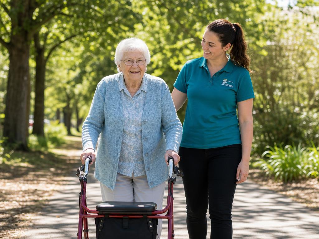 An elderly participant using a walking frame in a leafy park, supported by her support worker on a sunny afternoon.