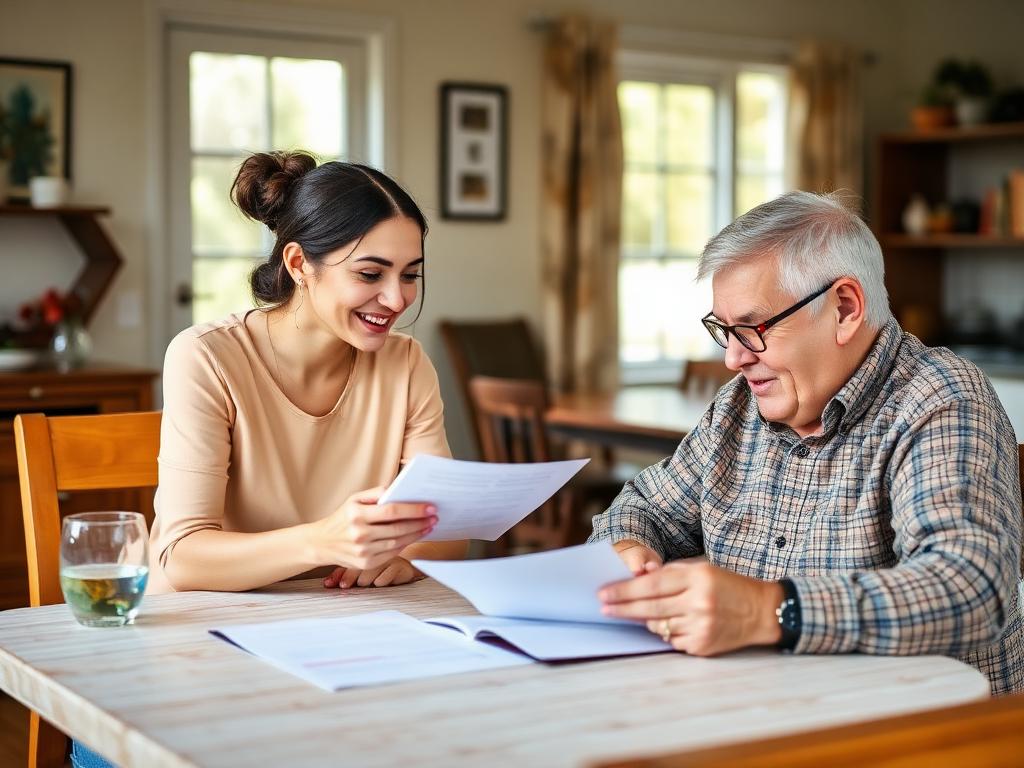 A support coordinator sitting at a kitchen table with a participant, going through his NDIS plan together.